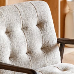 Mid Century Boho Cream White Faux Sheepskin Fabric And Black Solid Oak Wood Armchair Accent Chair