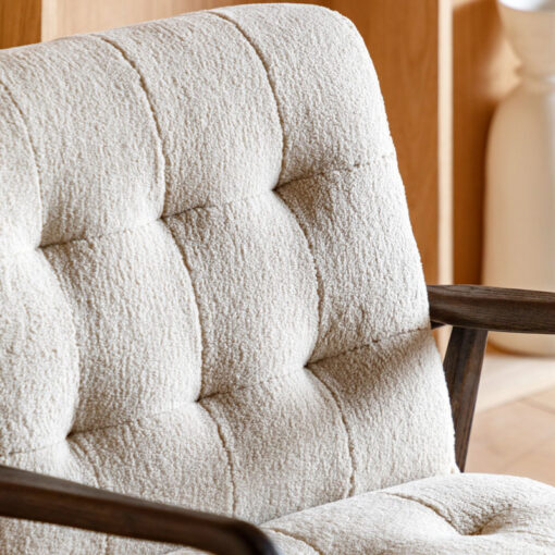 Mid Century Boho Cream White Faux Sheepskin Fabric And Black Solid Oak Wood Armchair Accent Chair