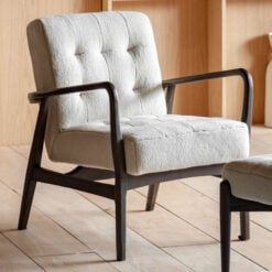 Mid Century Boho Cream White Faux Sheepskin Fabric And Black Solid Oak Wood Armchair Accent Chair