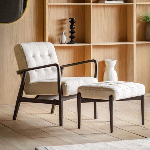 Mid Century Boho Cream White Faux Sheepskin Fabric And Black Solid Oak Wood Armchair Accent Chair