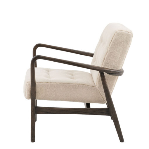 Mid Century Boho Cream White Faux Sheepskin Fabric And Black Solid Oak Wood Armchair Accent Chair