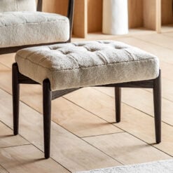 Mid Century Boho Cream White Faux Sheepskin Fabric And Black Solid Oak Wood Footstool