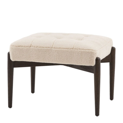 Mid Century Boho Cream White Faux Sheepskin Fabric And Black Solid Oak Wood Footstool