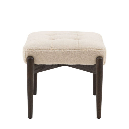 Mid Century Boho Cream White Faux Sheepskin Fabric And Black Solid Oak Wood Footstool