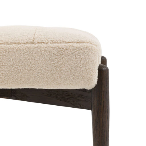 Mid Century Boho Cream White Faux Sheepskin Fabric And Black Solid Oak Wood Footstool