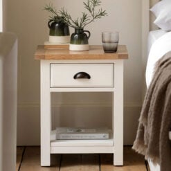 Rustic Country Farmhouse 2 Tier 1 Drawer Soft White And Natural Wood Bedside Cabinet Side Table