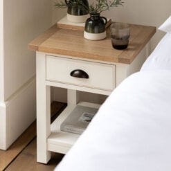 Rustic Country Farmhouse 2 Tier 1 Drawer Soft White And Natural Wood Bedside Cabinet Side Table