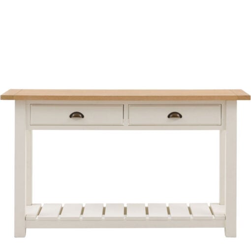 Rustic Country Farmhouse 2 Tier 2 Drawer Soft White And Natural Light Wood Slim Console Table 140cm