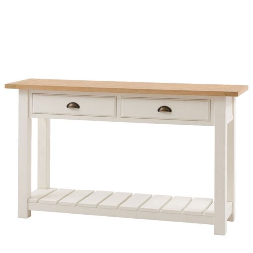 Rustic Country Farmhouse 2 Tier 2 Drawer Soft White And Natural Light Wood Slim Console Table 140cm