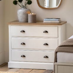Rustic Country Farmhouse 3 Drawer Soft White And Natural Light Wood Chest Of Drawers