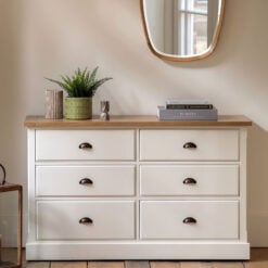 Rustic Country Farmhouse 6 Drawer Soft White And Natural Light Wood Chest Of Drawers