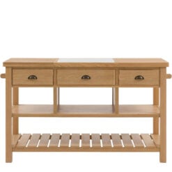 Rustic Country Farmhouse Light Oak Wood 3 Drawer 3 Tier Large Kitchen Island With White Marble Centre Inlay 150cm