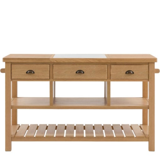 Rustic Country Farmhouse Light Oak Wood 3 Drawer 3 Tier Large Kitchen Island With White Marble Centre Inlay 150cm