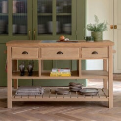 Rustic Country Farmhouse Light Oak Wood 3 Drawer 3 Tier Large Kitchen Island With White Marble Centre Inlay 150cm