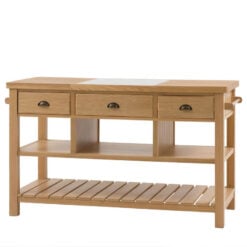 Rustic Country Farmhouse Light Oak Wood 3 Drawer 3 Tier Large Kitchen Island With White Marble Centre Inlay 150cm