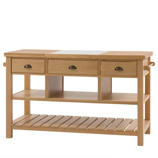 Rustic Country Farmhouse Light Oak Wood 3 Drawer 3 Tier Large Kitchen Island With White Marble Centre Inlay 150cm