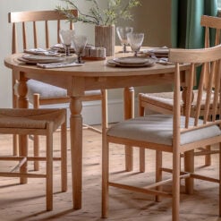 Rustic Country Farmhouse Light Oak Wood 6 Seater Round Extending Dining Table With Groove Top And Turned Legs 110cm - 150cm