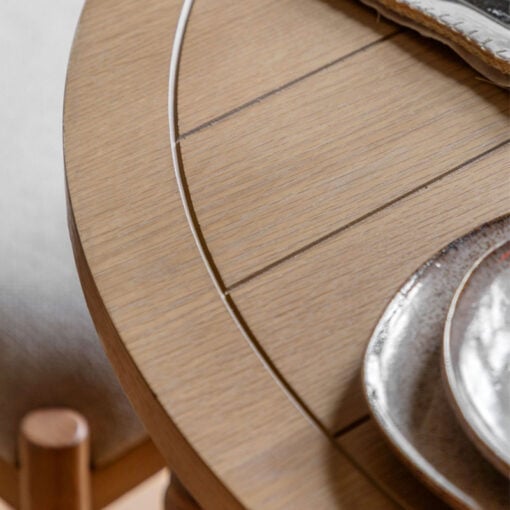 Rustic Country Farmhouse Light Oak Wood 6 Seater Round Extending Dining Table With Groove Top And Turned Legs 110cm - 150cm