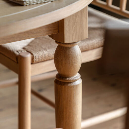 Rustic Country Farmhouse Light Oak Wood 6 Seater Round Extending Dining Table With Groove Top And Turned Legs 110cm - 150cm