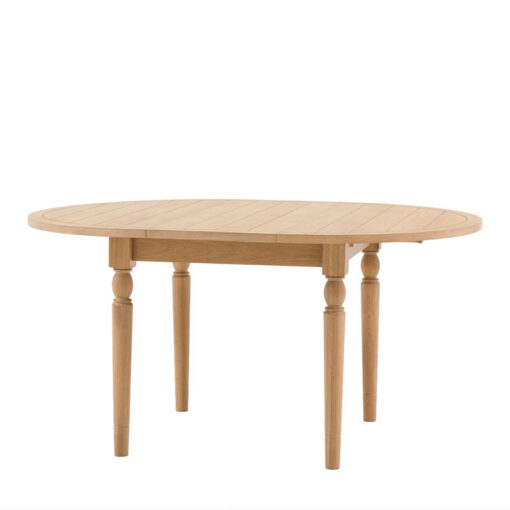Rustic Country Farmhouse Light Oak Wood 6 Seater Round Extending Dining Table With Groove Top And Turned Legs 110cm - 150cm