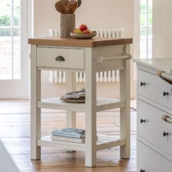 Rustic Country Farmhouse Soft White And Light Wood 3 Tier 1 Drawer Small Kitchen Island Butchers Block