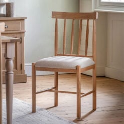 Set Of 2 Rustic Country Farmhouse Light Oak Wood Dining Chairs With Natural Fabric Seat Upholstery