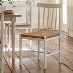 Set Of 2 Rustic Country Farmhouse Solid Soft White Wood Dining Chairs With Woven Rope Seats