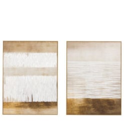 Set of 2 Framed Canvas 3D Abstract Wall Art In Shades Of Antique Gold With White Fringe Effect 70cm