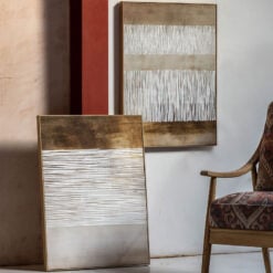 Set of 2 Framed Canvas 3D Abstract Wall Art In Shades Of Antique Gold With White Fringe Effect 70cm