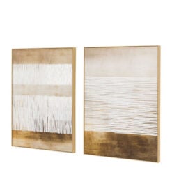 Set of 2 Framed Canvas 3D Abstract Wall Art In Shades Of Antique Gold With White Fringe Effect 70cm