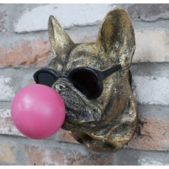Boho Quirky Fun Gold Resin Dog Head Blowing Pink Gum Wall Decoration 26cm