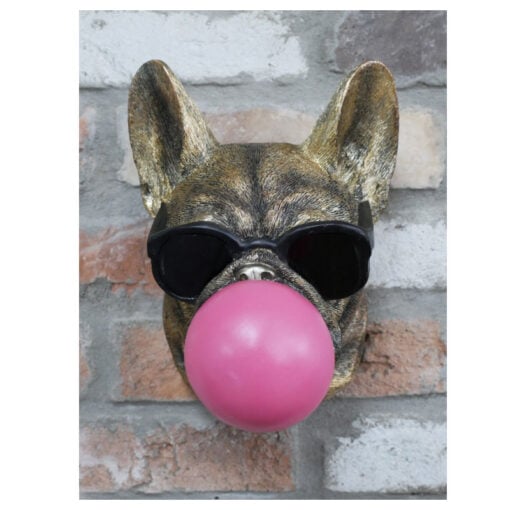 Boho Quirky Fun Gold Resin Dog Head Blowing Pink Gum Wall Decoration 26cm
