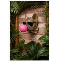Boho Quirky Fun Gold Resin Dog Head Blowing Pink Gum Wall Decoration 26cm