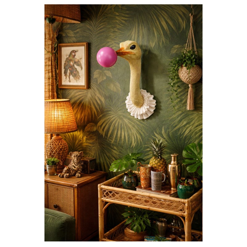 Boho Quirky Fun White And Gold Resin Ostrich Head Blowing Pink Gum Wall ...