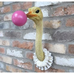 Boho Quirky Fun White And Gold Resin Ostrich Head Blowing Pink Gum Wall Decoration 41cm