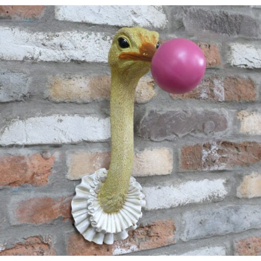 Boho Quirky Fun White And Gold Resin Ostrich Head Blowing Pink Gum Wall Decoration 41cm