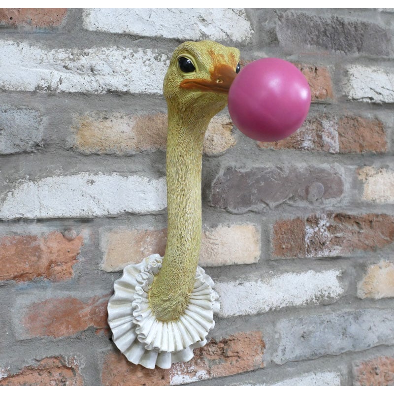 Boho Quirky Fun White And Gold Resin Ostrich Head Blowing Pink Gum Wall ...
