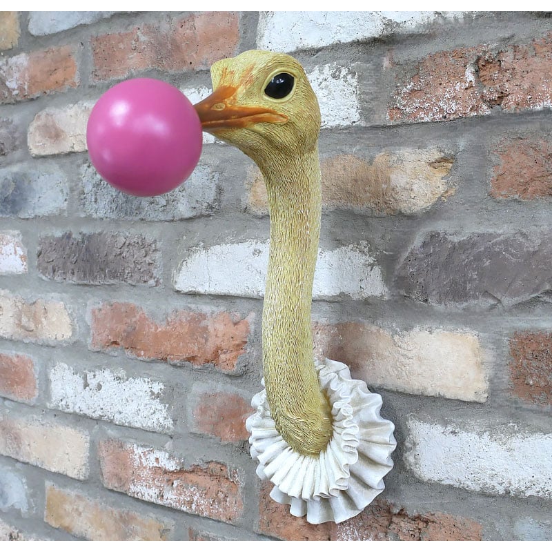 Boho Quirky Fun White And Gold Resin Ostrich Head Blowing Pink Gum Wall ...