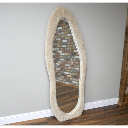 Boho Quirky Wavy Soft Beige Faux Fur Teddy Fabric Frame Leaner Full Length Mirror 170cm