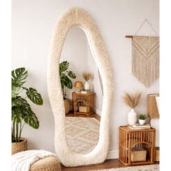 Boho Quirky Wavy Soft Beige Faux Fur Teddy Fabric Frame Leaner Full Length Mirror 170cm