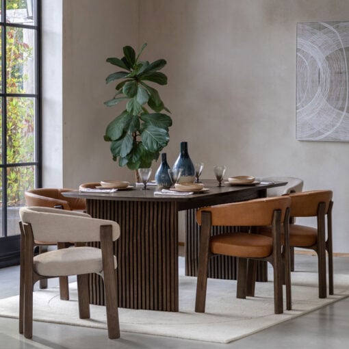 Boho Walnut Brown Wood Rectangular 6 - 8 Seater Extending Dining Table With Slatted Wave Legs 200cm - 250cm