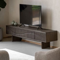 Boho Walnut Brown Wooden Slat Wave Carved Front 1 Door 2 Drawer Large TV Stand 180cm