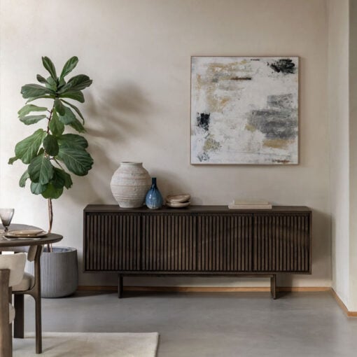 Boho Walnut Brown Wooden Slat Wave Carved Front Concealed 4 Door Large Sideboard 175cm