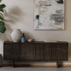 Boho Walnut Brown Wooden Slat Wave Carved Front Concealed 4 Door Large Sideboard 175cm