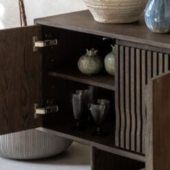 Boho Walnut Brown Wooden Slat Wave Carved Front Concealed 4 Door Large Sideboard 175cm