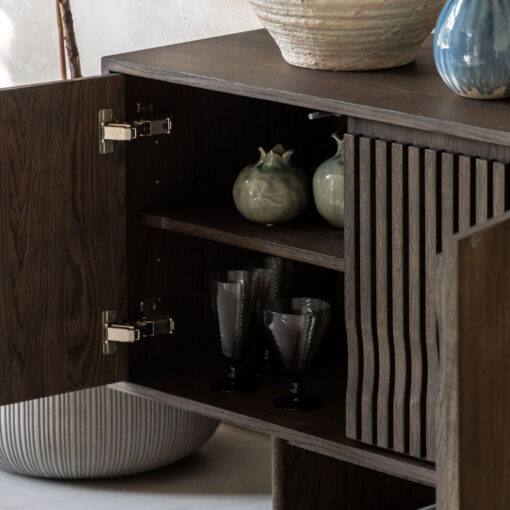 Boho Walnut Brown Wooden Slat Wave Carved Front Concealed 4 Door Large Sideboard 175cm