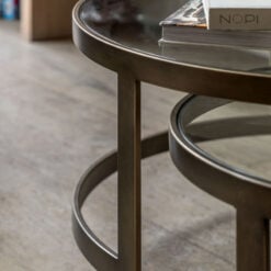 Bronze Metal And Glass Set of 2 Nesting Round Coffee Tables