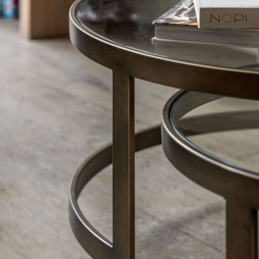 Bronze Metal And Glass Set of 2 Nesting Round Coffee Tables