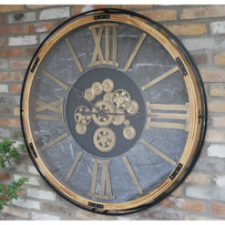 Giant Extra Large Industrial Black Metal And Wood Gold Moving Gears Wall Clock With Black Marble Effect Dial 112cm