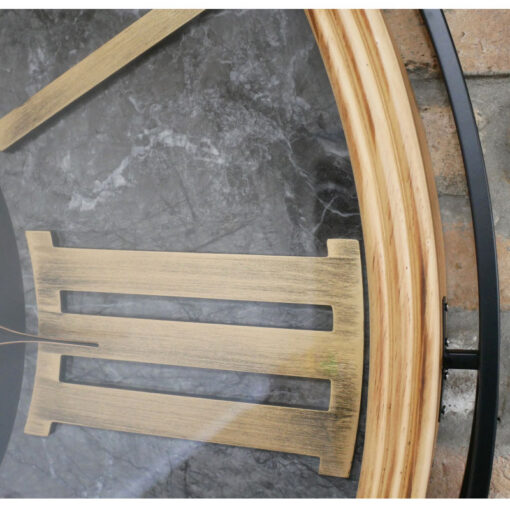 Giant Extra Large Industrial Black Metal And Wood Gold Moving Gears Wall Clock With Black Marble Effect Dial 112cm